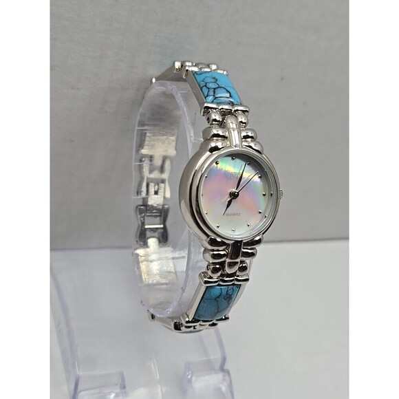 Womens Kristine Silver Tone Faux Turquoise Link Bracelet Watch New Battery Boho - Picture 3 of 9